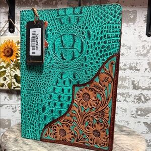 American Darling Turquoise and Brown Croc-Embossed Floral Leather Journal Cover